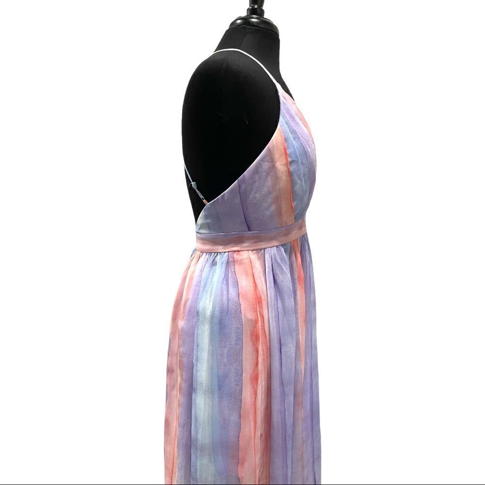 Ever After Pastel Watercolor Deep V-Neck Sheer Tulle Maxi Dress Sz S - Picture 7 of 16